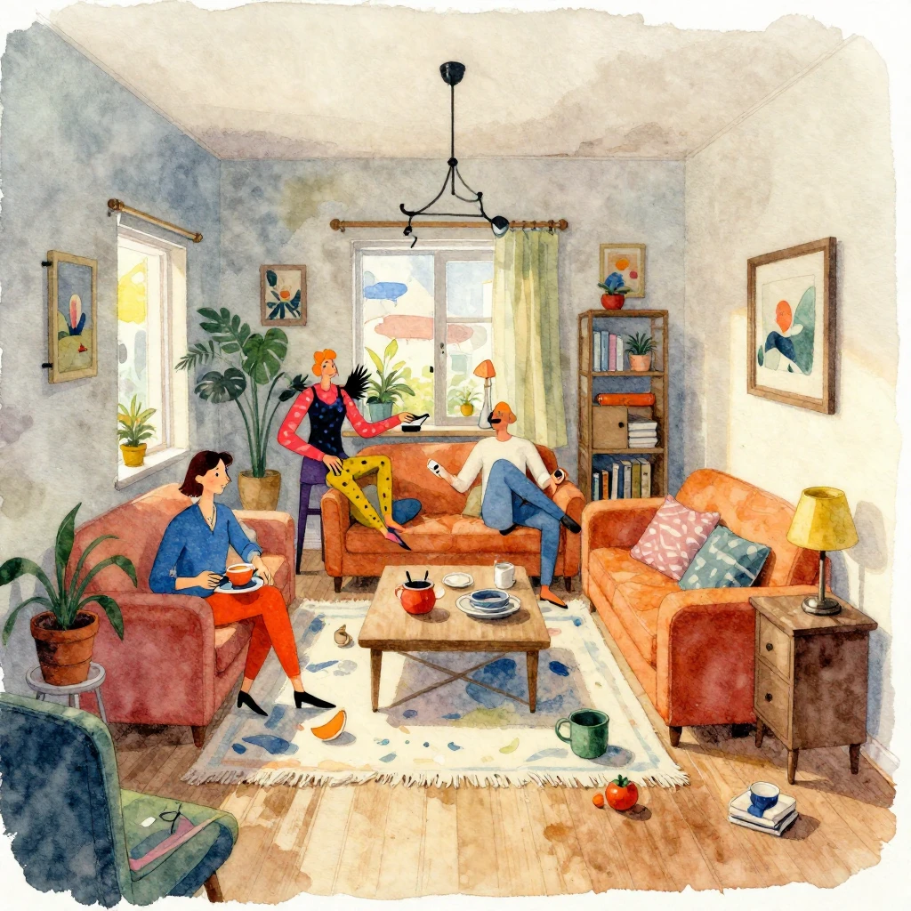 A vibrant watercolor illustration of a slightly dilapidated ...