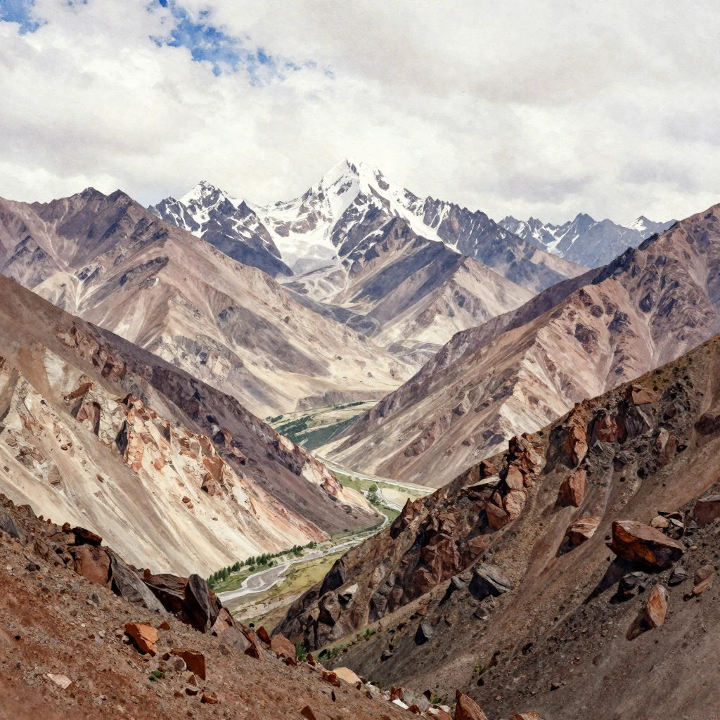 A majestic watercolor landscape of the Pamir mountains, rugg...