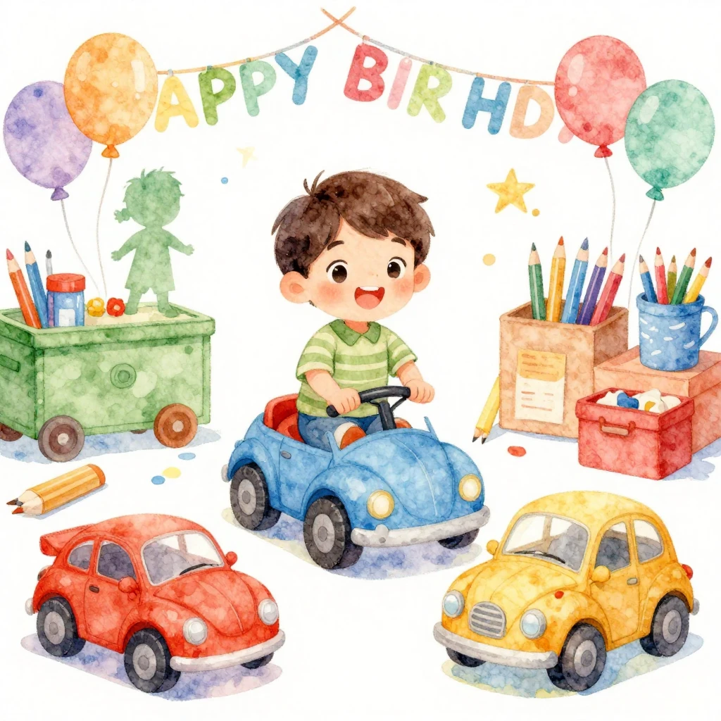 Vibrant watercolor illustration of a lively birthday party f...