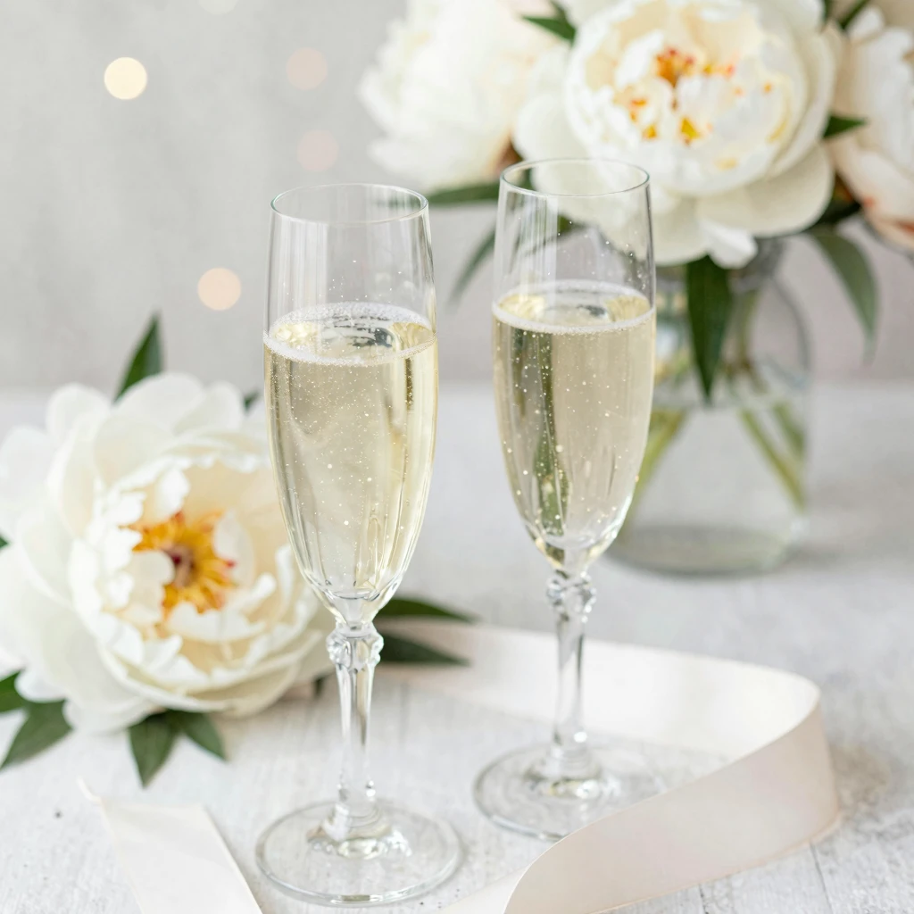 Watercolor style close-up of two crystal champagne glasses w...