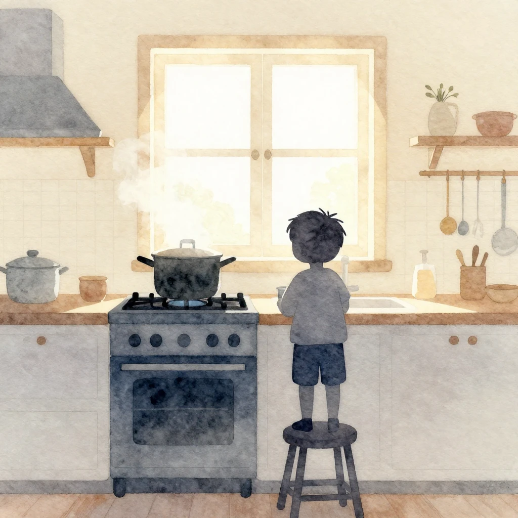 Watercolor style. A silhouette of a small child standing on ...