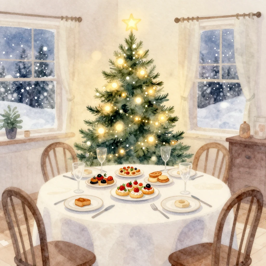 Watercolor style illustration of a cozy winter interior with...