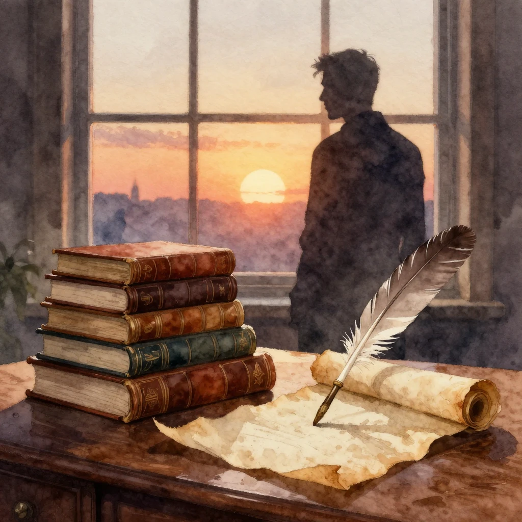 Watercolor style painting of a silhouette of a man by a larg...