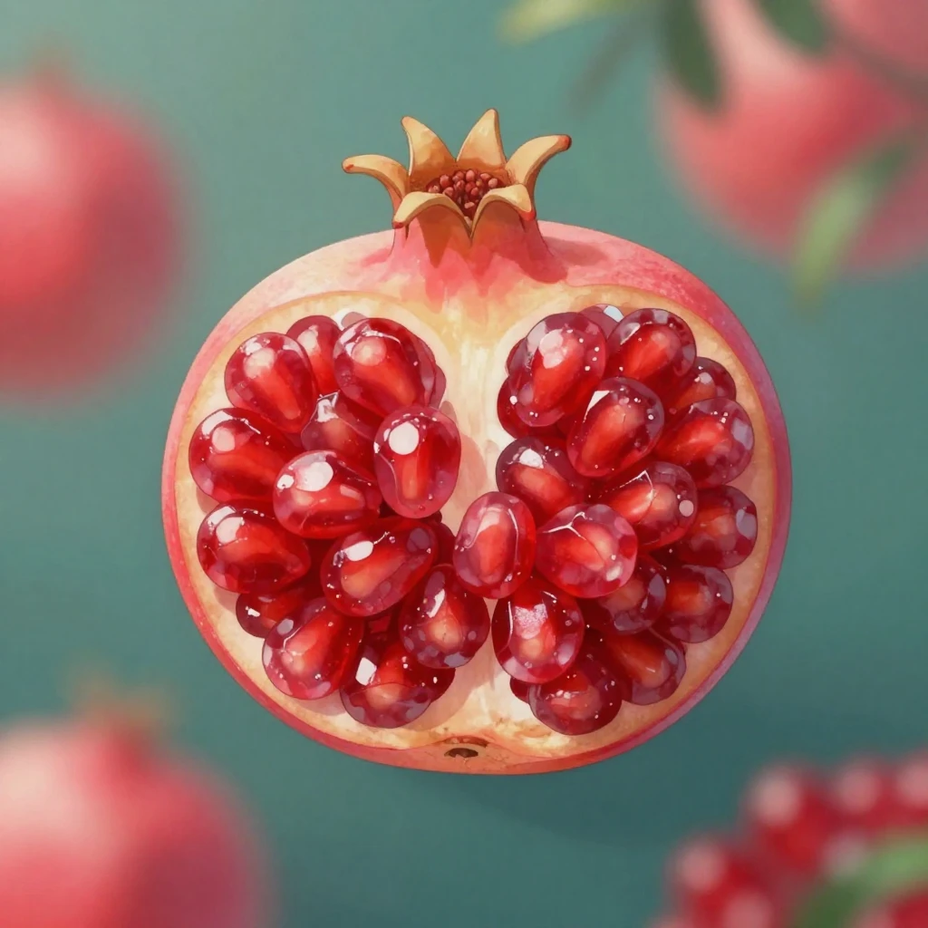 A vibrant, stylized pomegranate flower, depicted with artist...