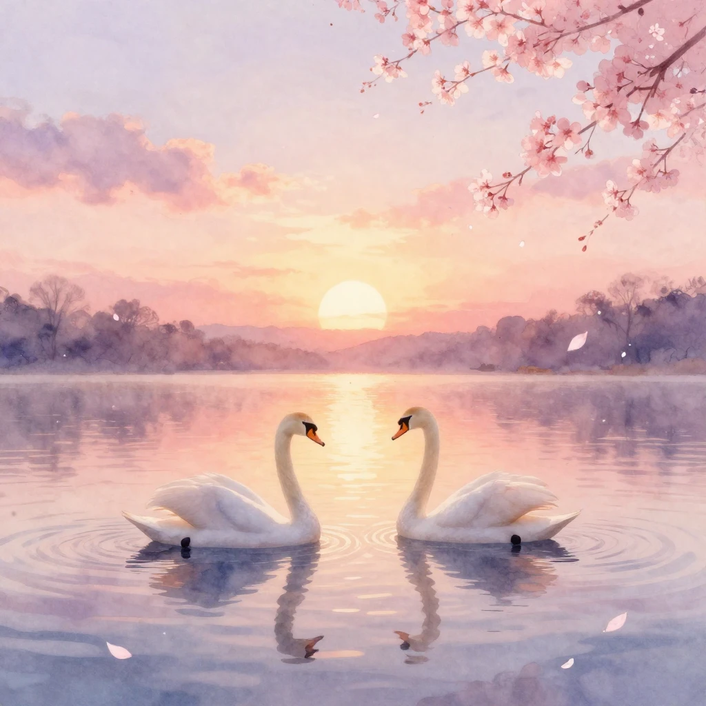 A dreamy watercolor painting of a romantic sunset over a cal...