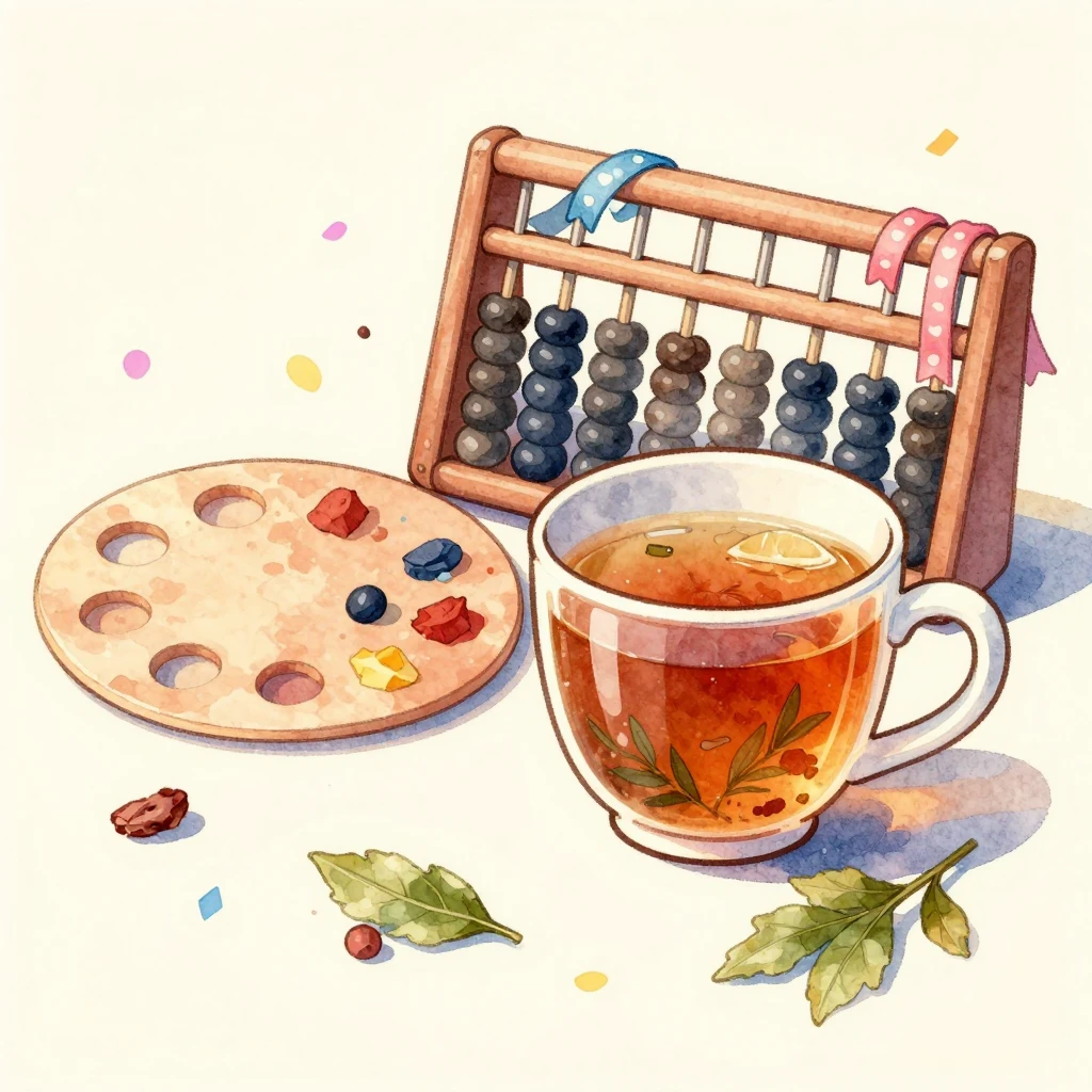 Watercolor style still life with a cozy mug of herbal tea, a...