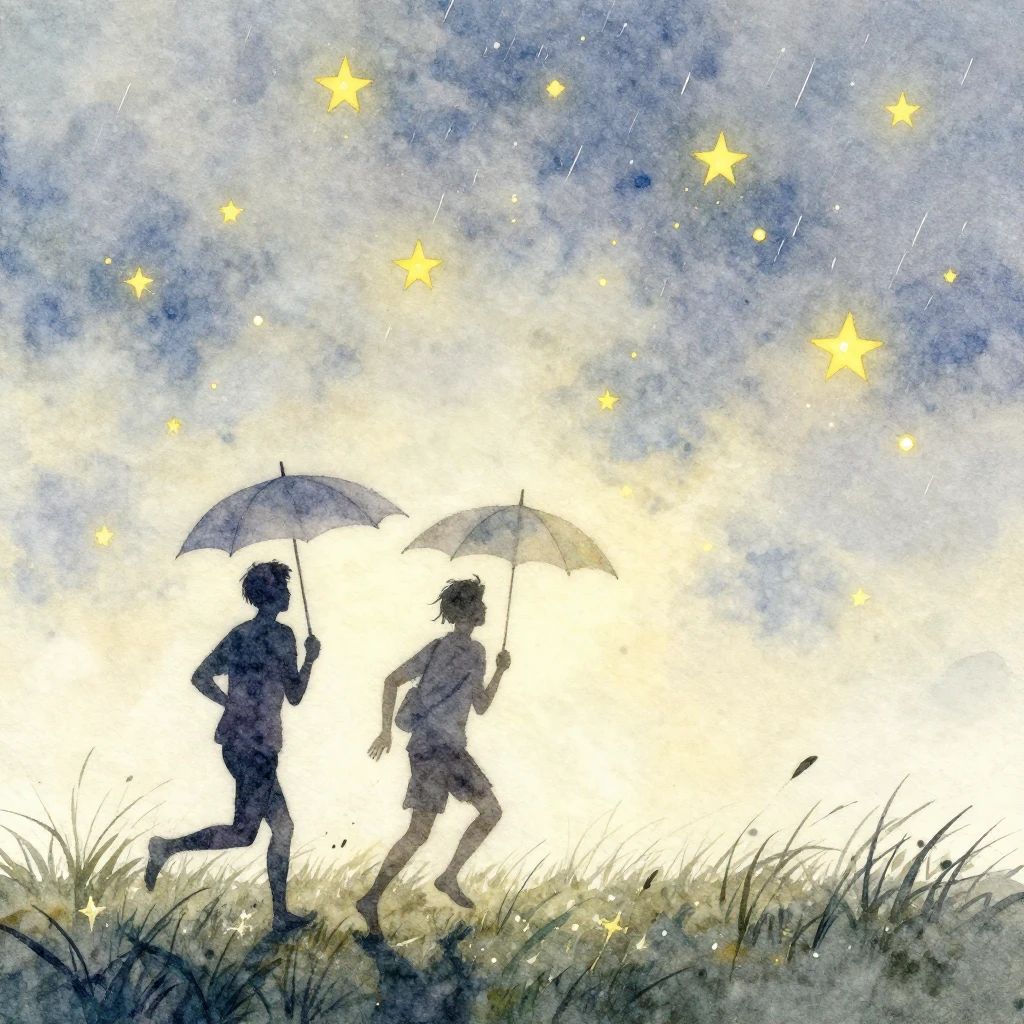 A watercolor painting featuring morning stars in a soft ligh...