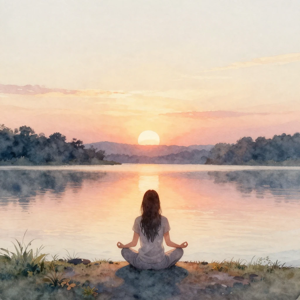 Watercolor painting of a lone figure meditating by a calm la...
