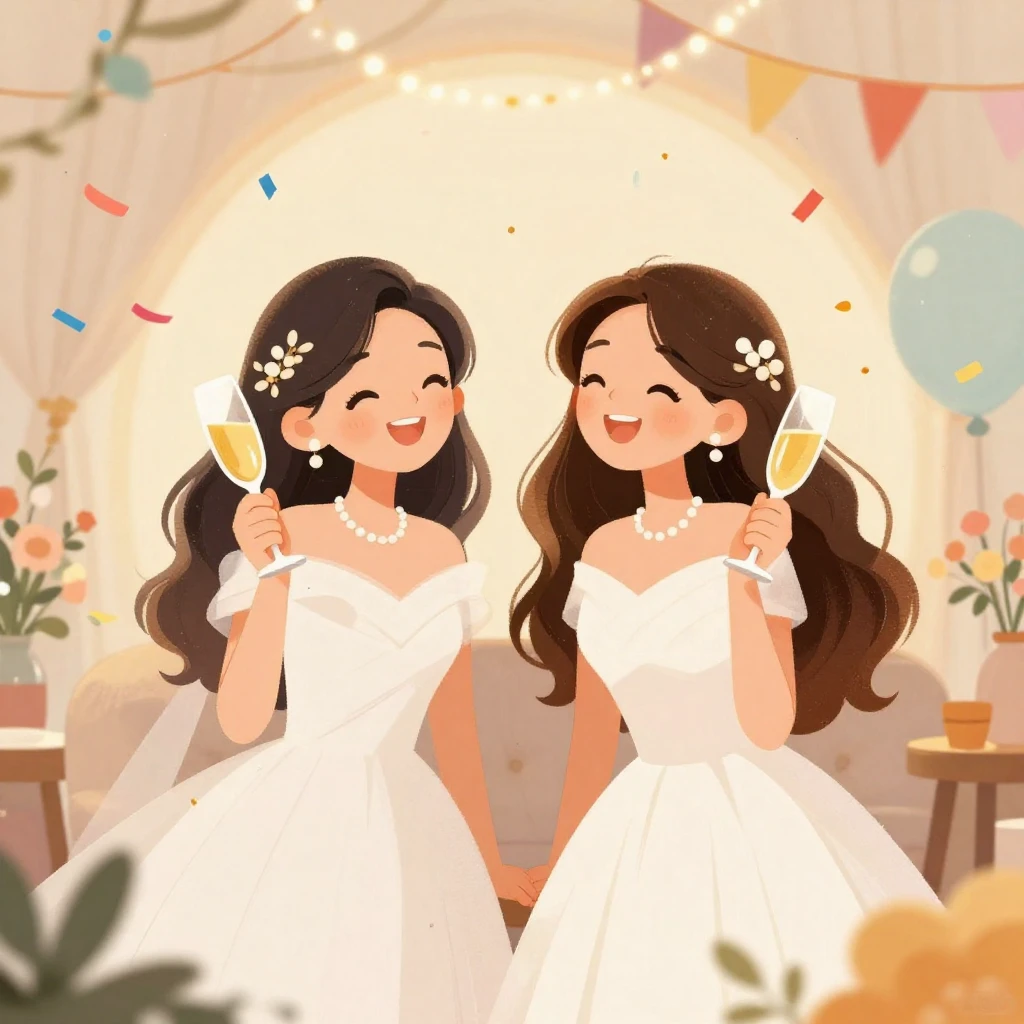 A whimsical illustration of a joyful wedding celebration wit...