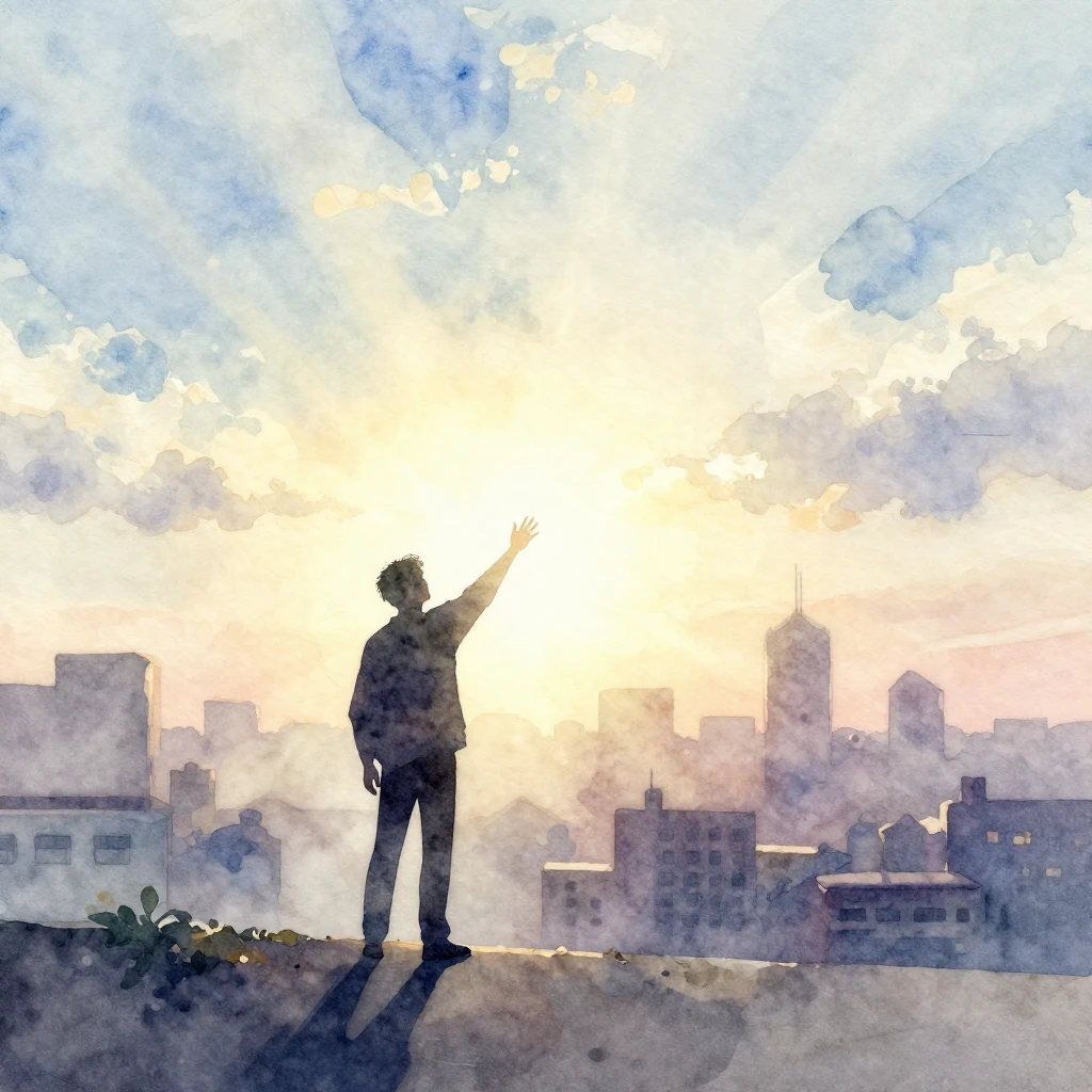 A dynamic watercolor artwork illustrating a lone figure's si...