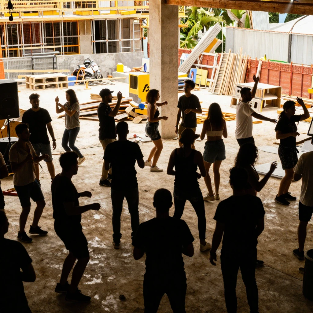 A construction site transformed into a lively party scene. S...