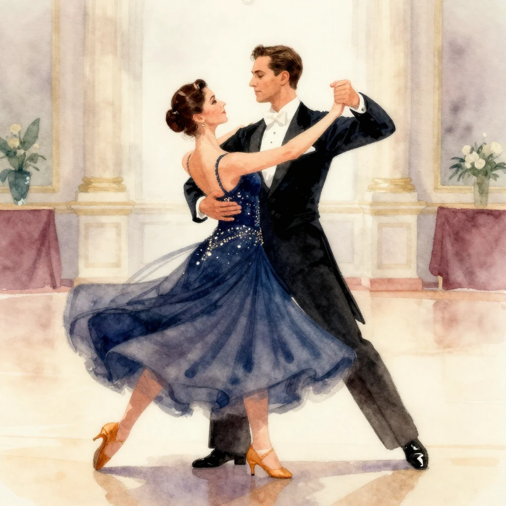 An elegant couple in formal attire performing a waltz, captu...