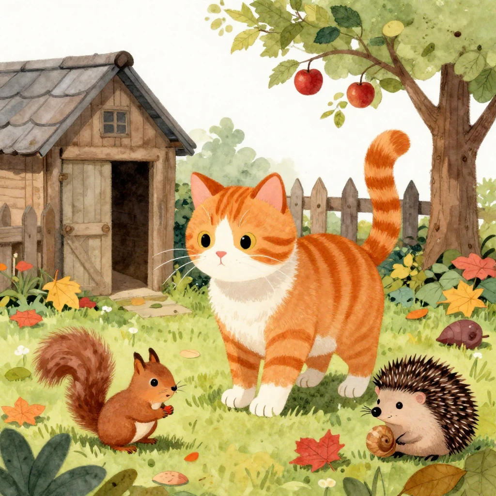 A mischievous ginger cat with a bushy tail, in a vibrant wat...