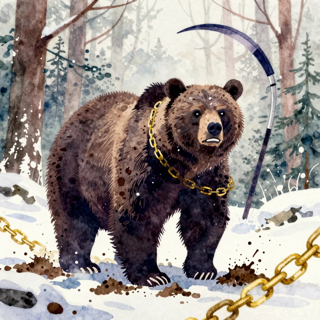 Vibrant watercolor painting of an angry bear silhouette in a...