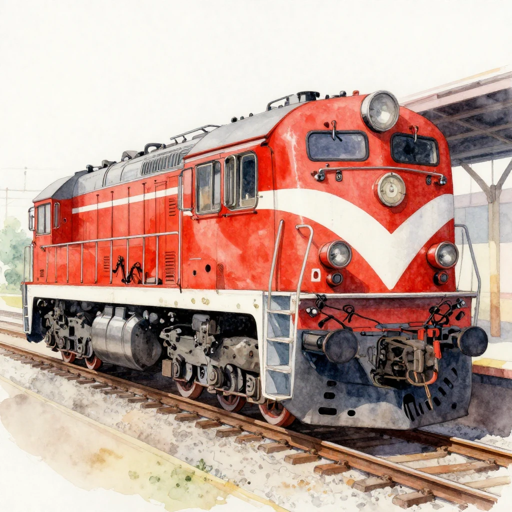 A vibrant watercolor painting of a red and white fire train ...
