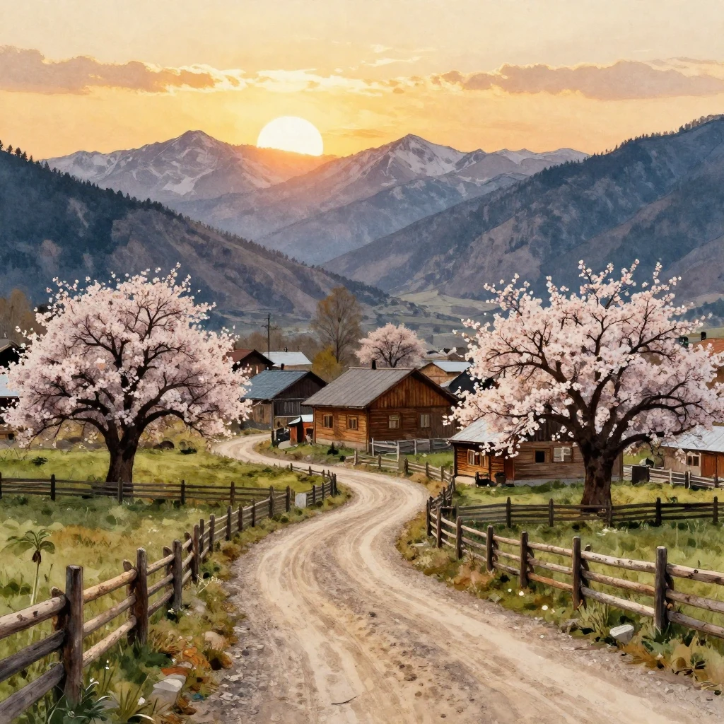 A cozy village nestled in the Caucasus mountains, winding di...
