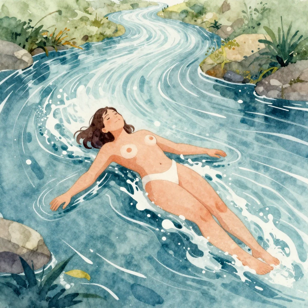 A vibrant watercolor illustration of a powerful, flowing riv...