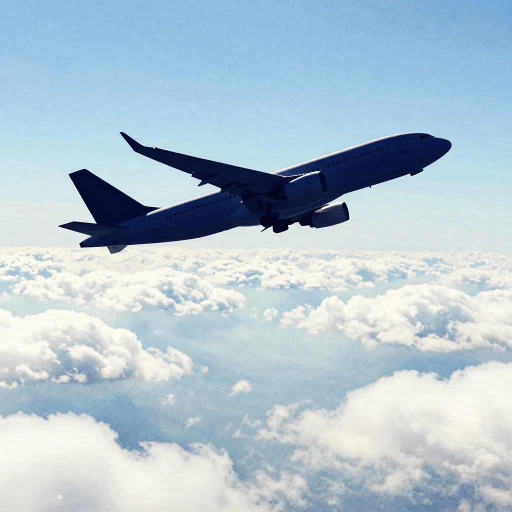 A stylized silhouette of a large passenger plane soaring abo...