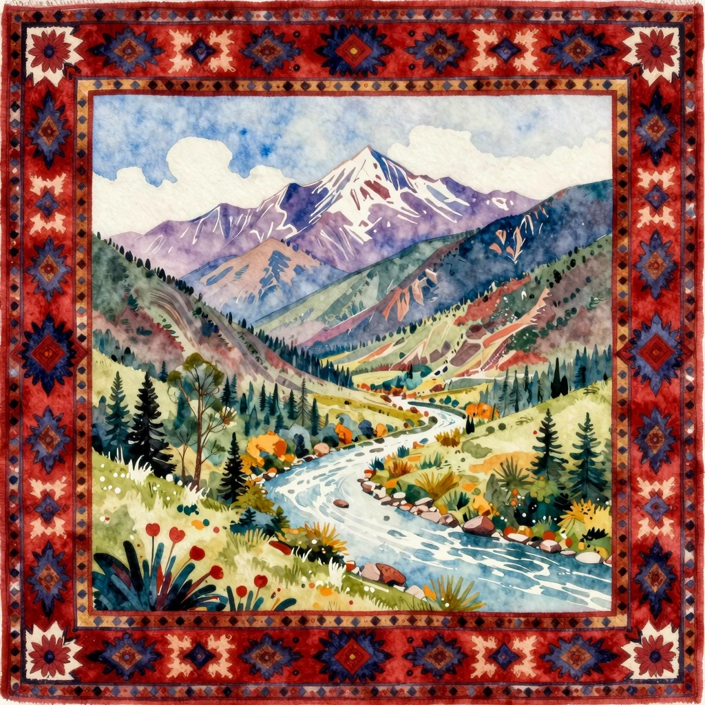 Vibrant watercolor style. A traditional Dagestani carpet pat...