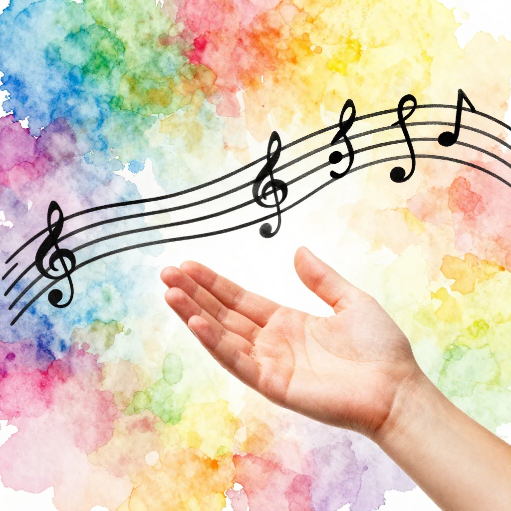 Vibrant watercolor style. A flowing musical staff transforms...