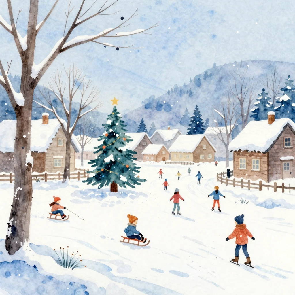 Watercolor illustration of a peaceful winter landscape, snow...