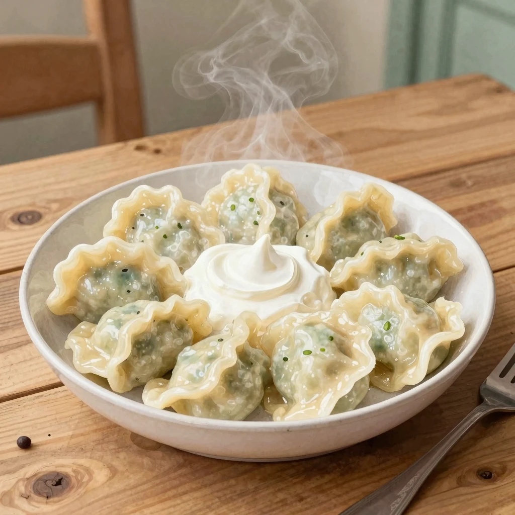 A steaming bowl of plump varenyky (dumplings) with a dollop ...