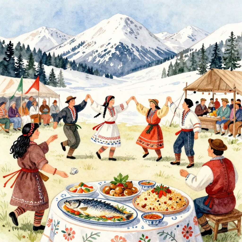 A vibrant watercolor painting depicting a Kamchatka folk fes...