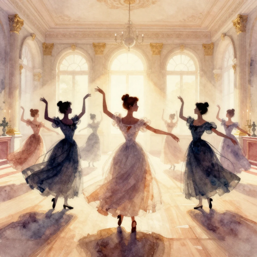 Watercolor painting of silhouettes of young ladies in 19th-c...