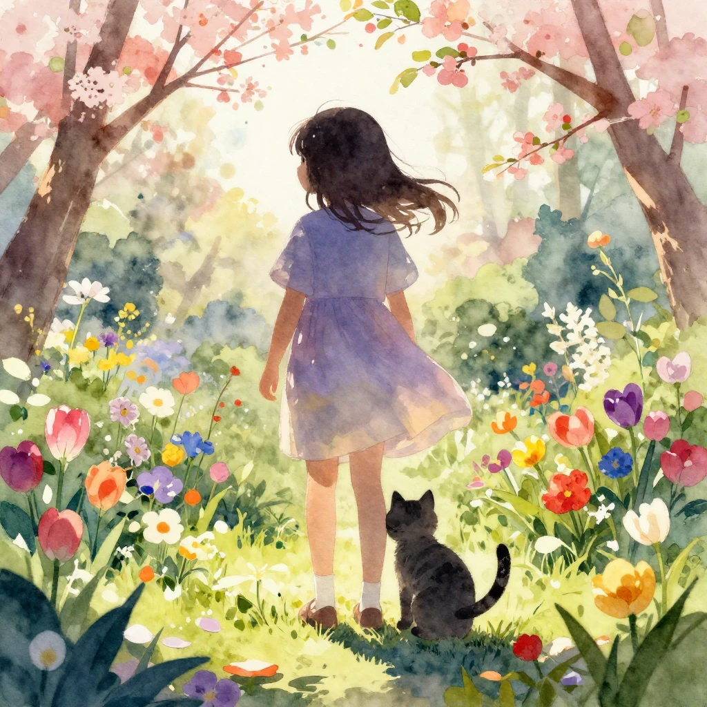 Vibrant watercolor style. A silhouette of a young girl stand...