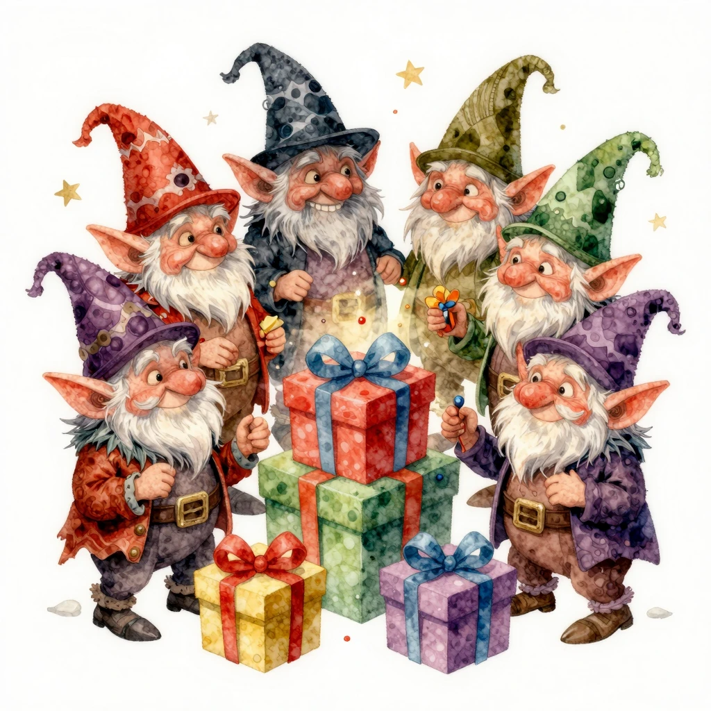 A vibrant watercolor painting of mischievous goblins celebra...