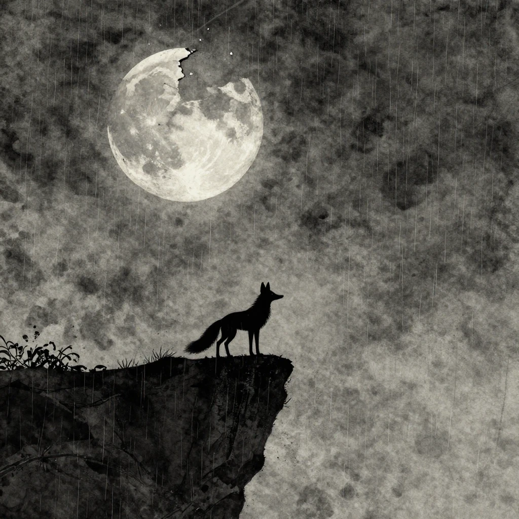A lone fox samurai silhouette standing on a cliff edge under...