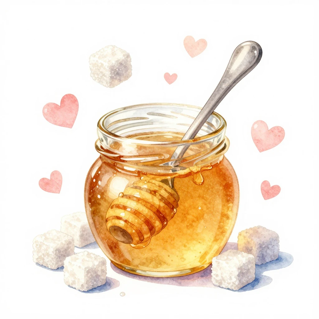 A whimsical watercolor illustration of a jar of golden honey...