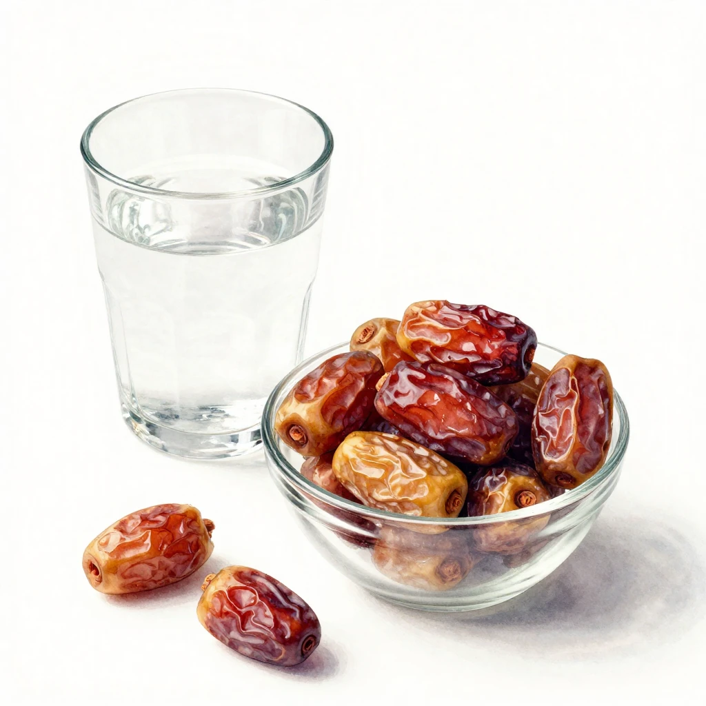 A bowl of fresh, ripe dates next to a clear glass of water, ...