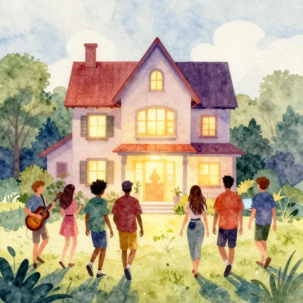 Vibrant watercolor style. A mysterious house with a welcomin...
