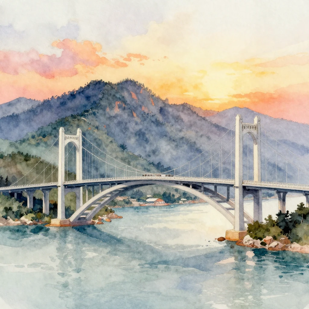 A beautiful watercolor painting showcasing a grand bridge gr...