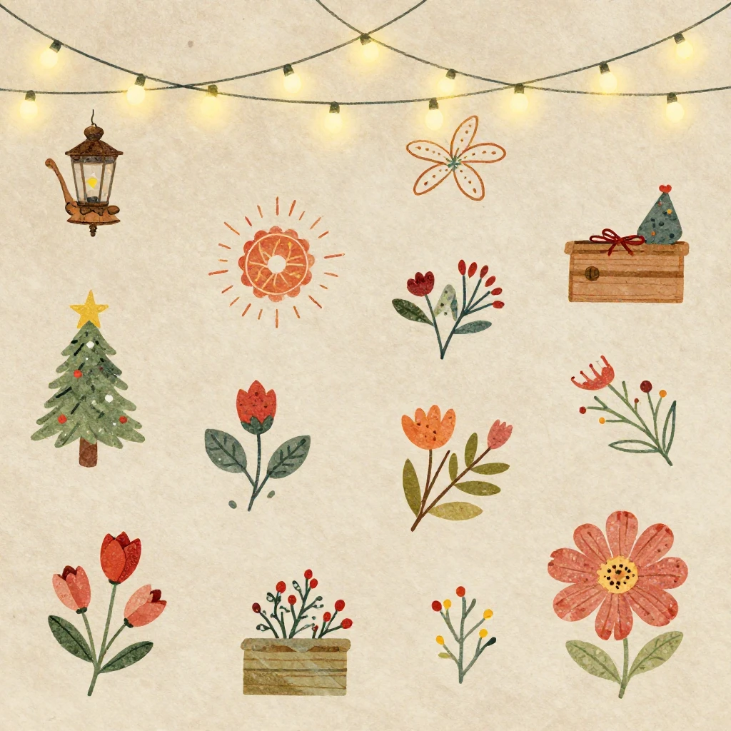 An artistic illustration depicting various holiday symbols l...