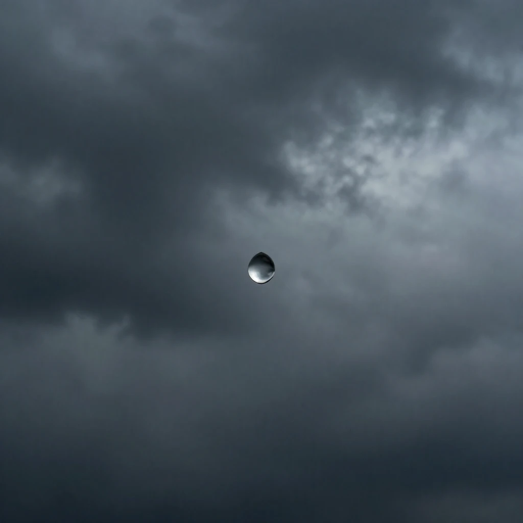 A single, crystal-clear raindrop falling from a dark, cloudy...