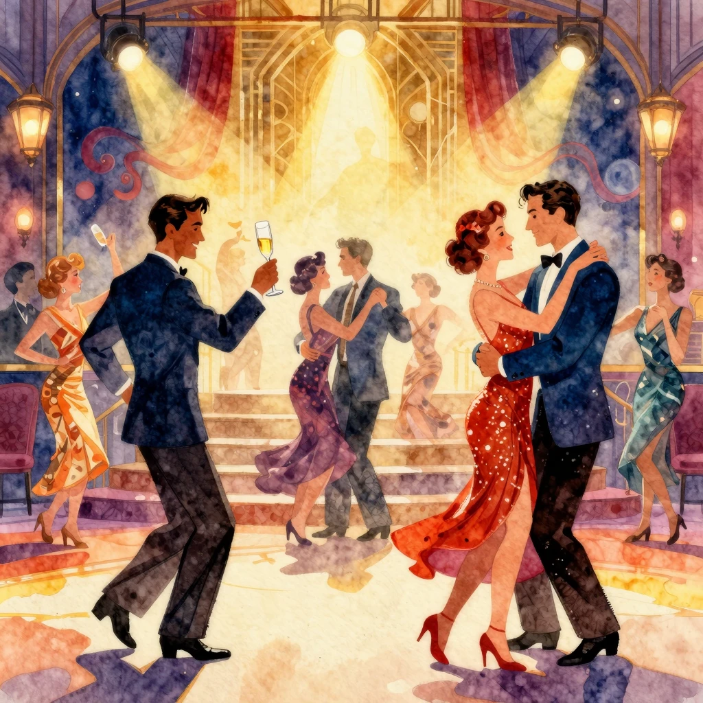 Vibrant watercolor style. 1930s jazz dance hall, vibrant and...