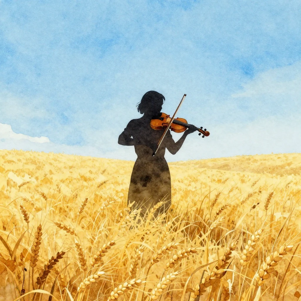 Watercolor style. A silhouette of a person with a violin sta...