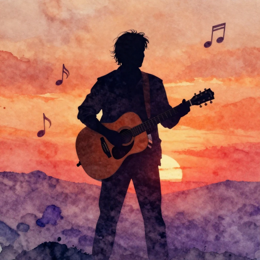 A watercolor silhouette of a father figure holding an acoust...