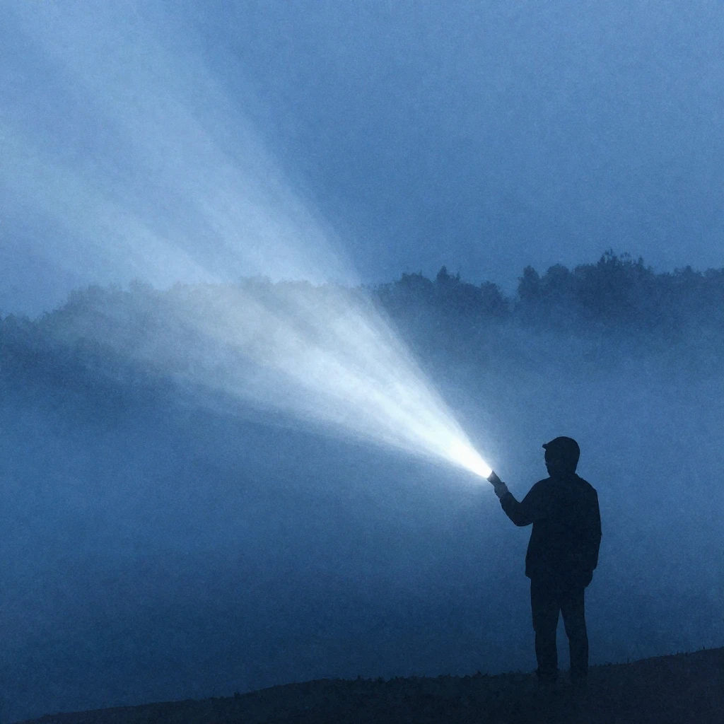 A lone silhouette of a person holding a bright flashlight in...