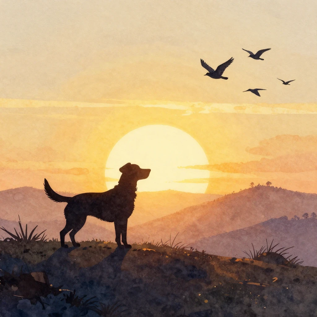 A vibrant watercolor painting showing silhouettes of a dog a...
