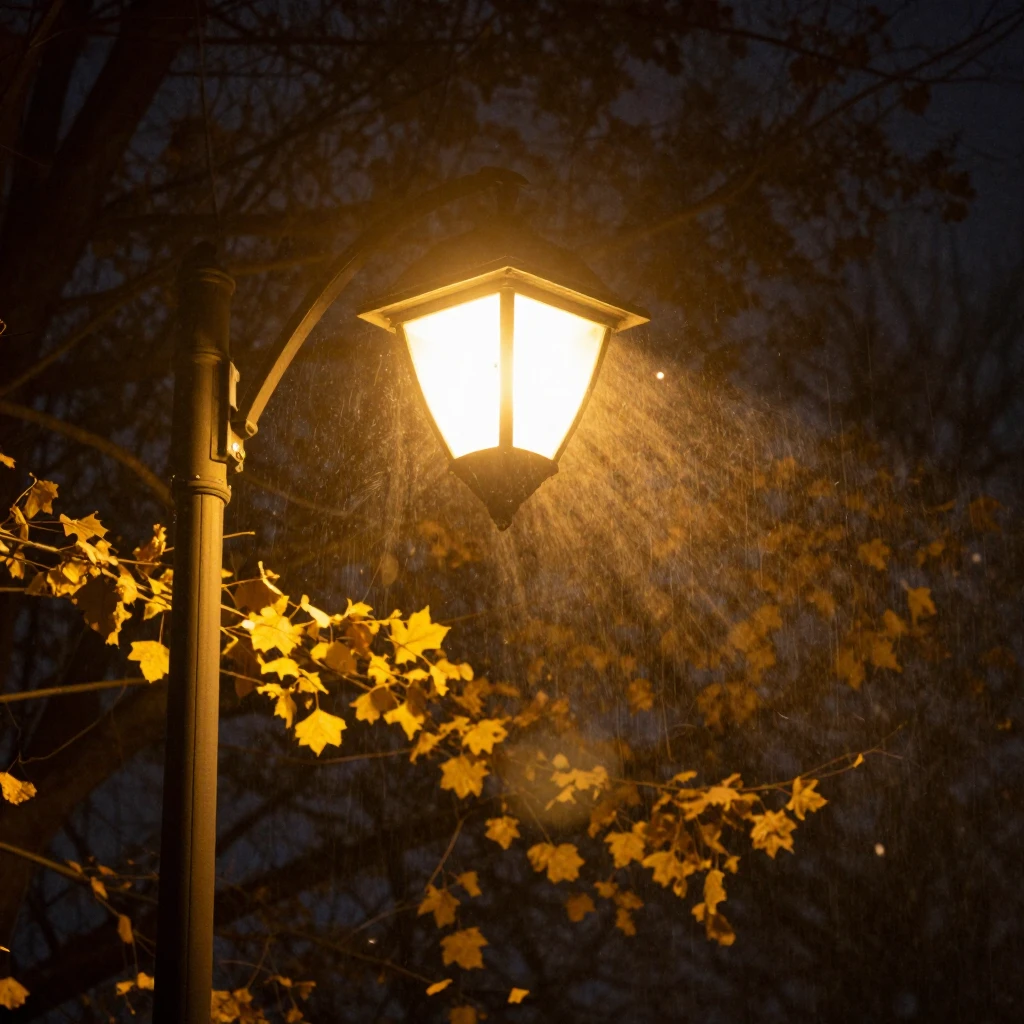 Close-up low angle of a glowing street lamp in misty autumn ...