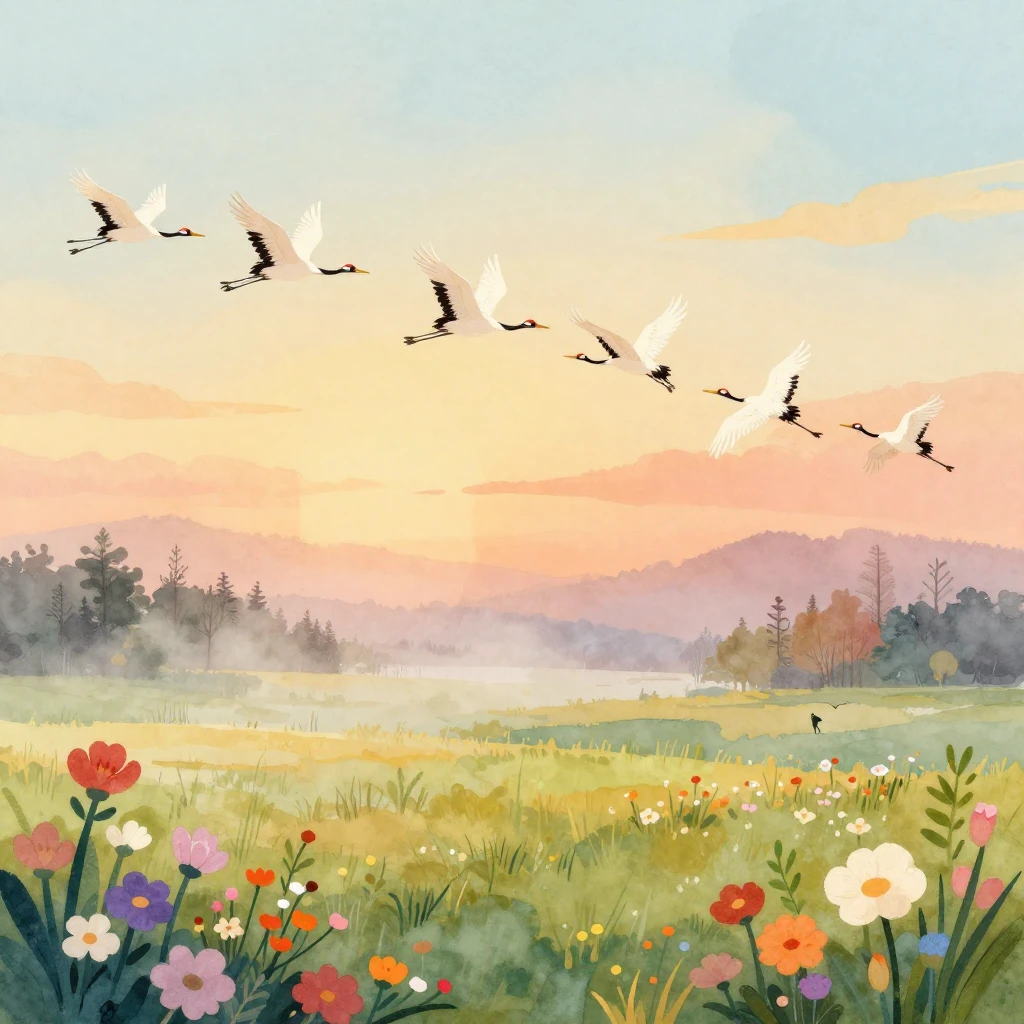 Vibrant watercolor style folk art illustration of cranes fly...