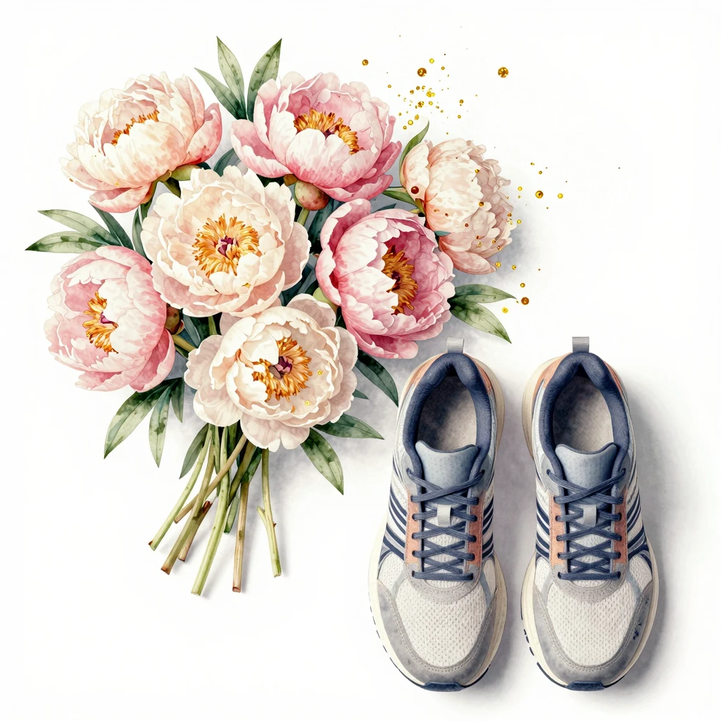 Watercolor style flat lay composition with a bouquet of fres...