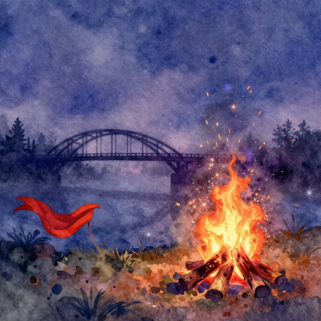 Vibrant watercolor style. Foggy night, silhouette of a bridg...