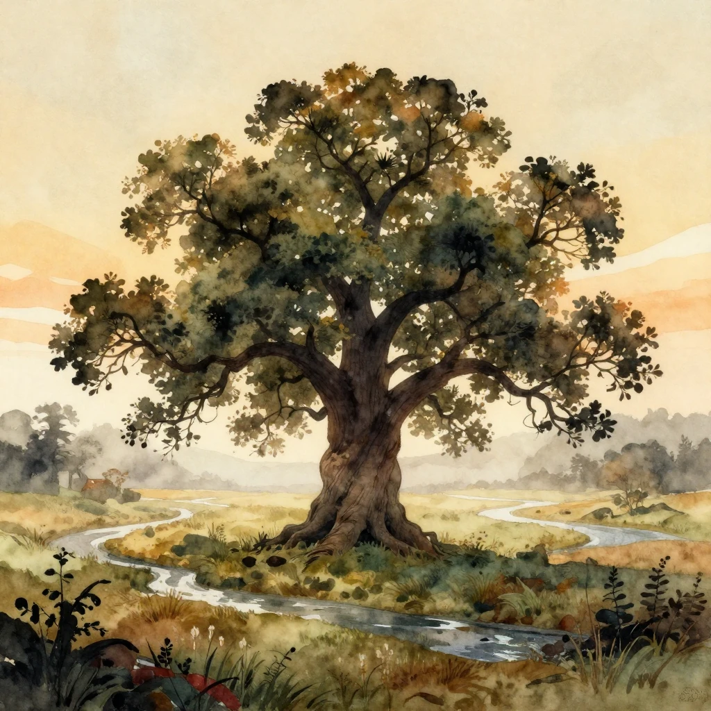 A vibrant watercolor painting of a misty, ancient Slavic lan...