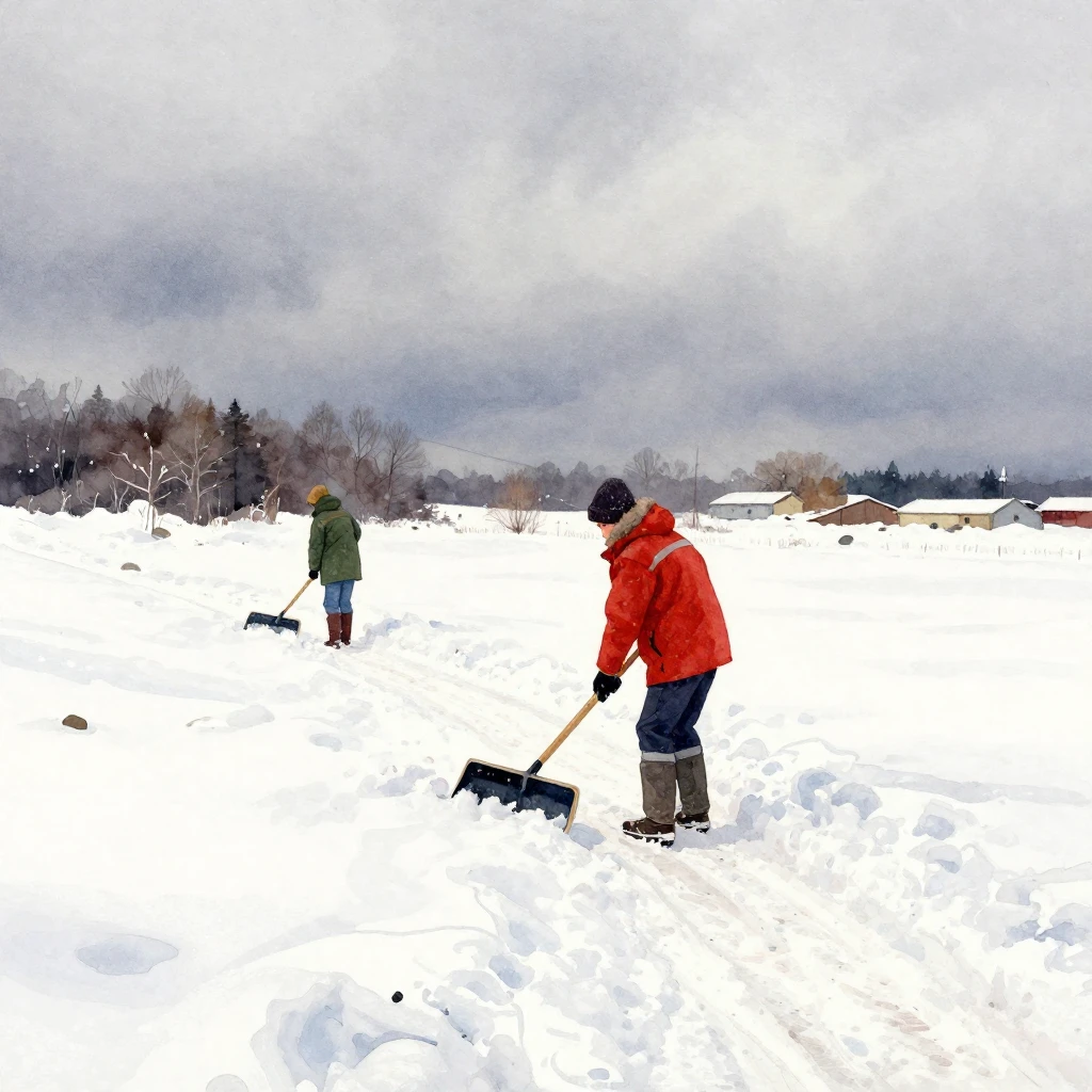 Two distant figures in winter clothing, actively shoveling s...
