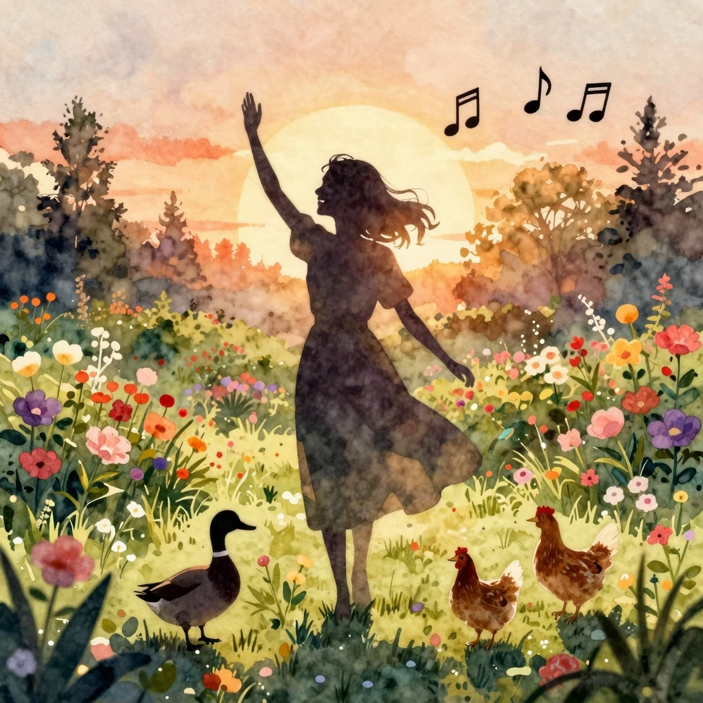 Watercolor style. Silhouette of a joyful woman in a lush gar...