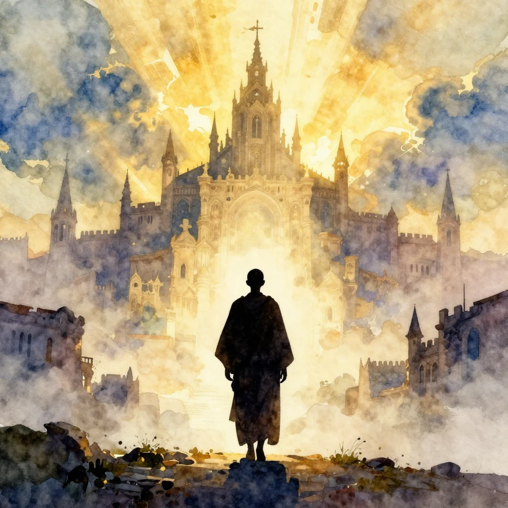 Watercolor style. Silhouette of a monk in a robe walking tow...